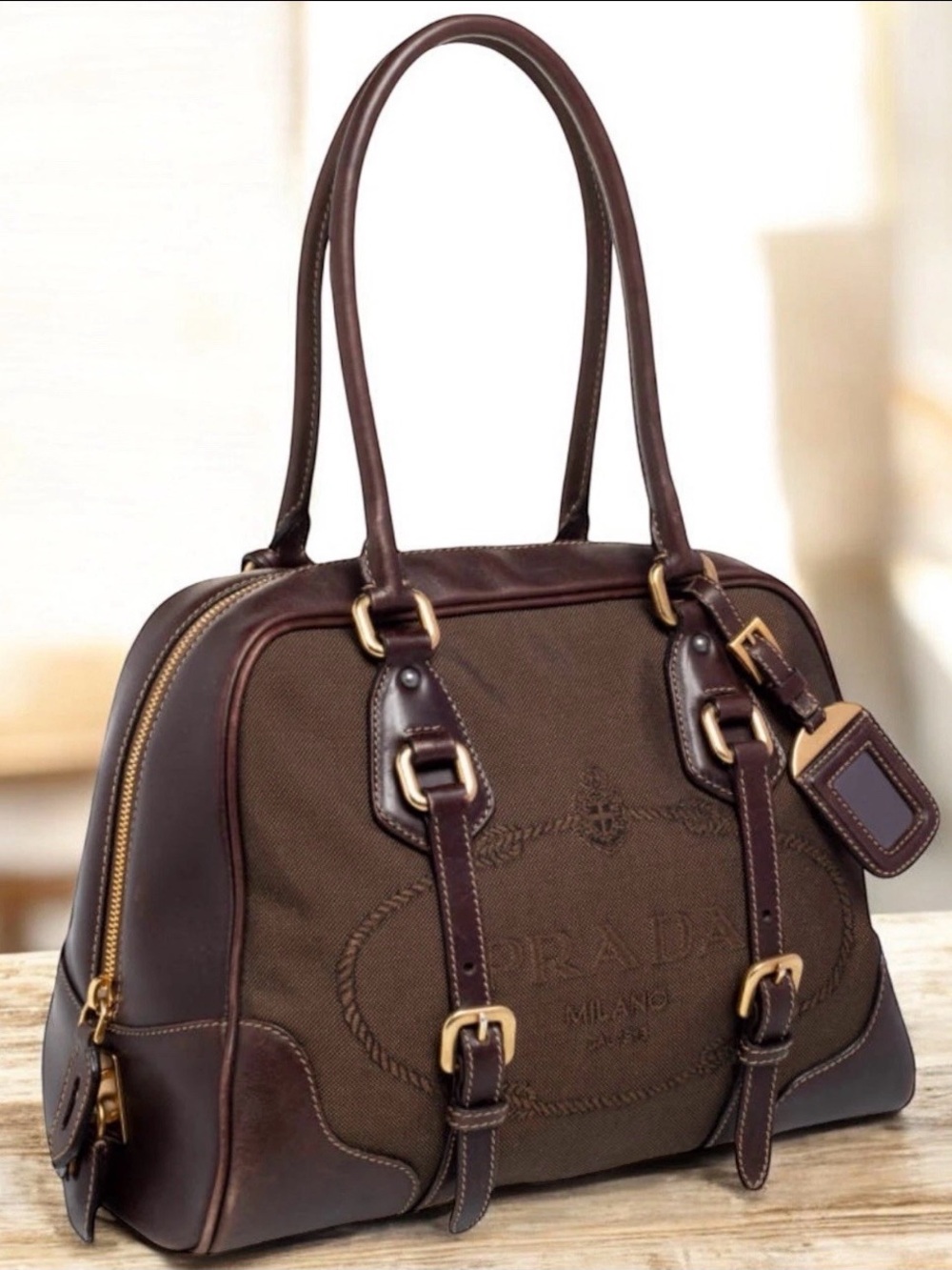 Prada Brown Canvas and Leather Bag with Gold Hardware